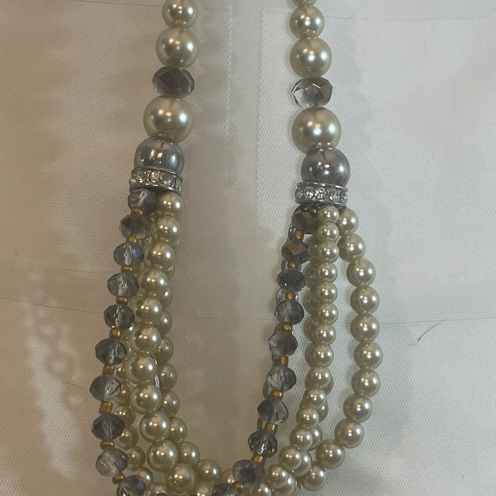 Multi-Strand Faux Pearl Crystal Statement Necklace - Cream & Silver 9” 2.5ext
